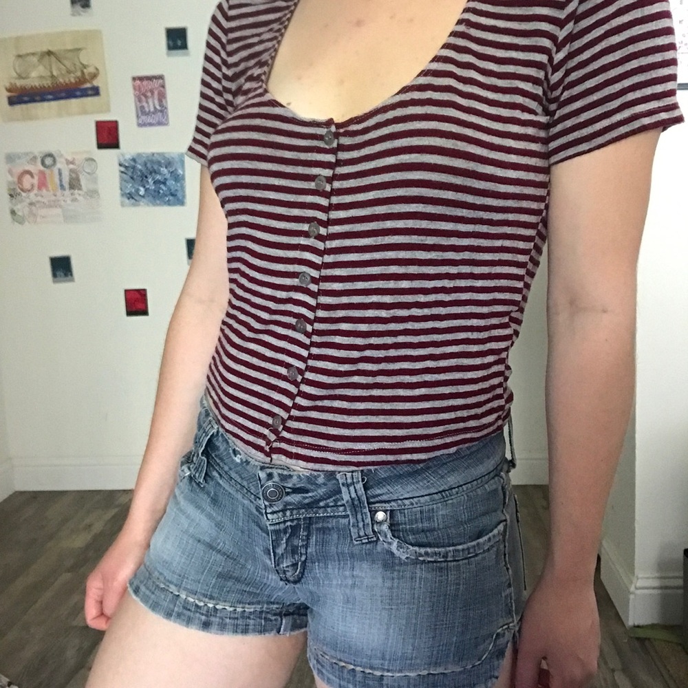 Maroon/Gray striped top with Jean shorts